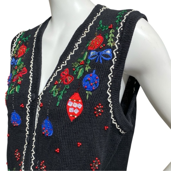 ERIKA Black Embroidered Sequins Ugly Christmas Holiday Vest Sweater Size Large - Picture 11 of 16